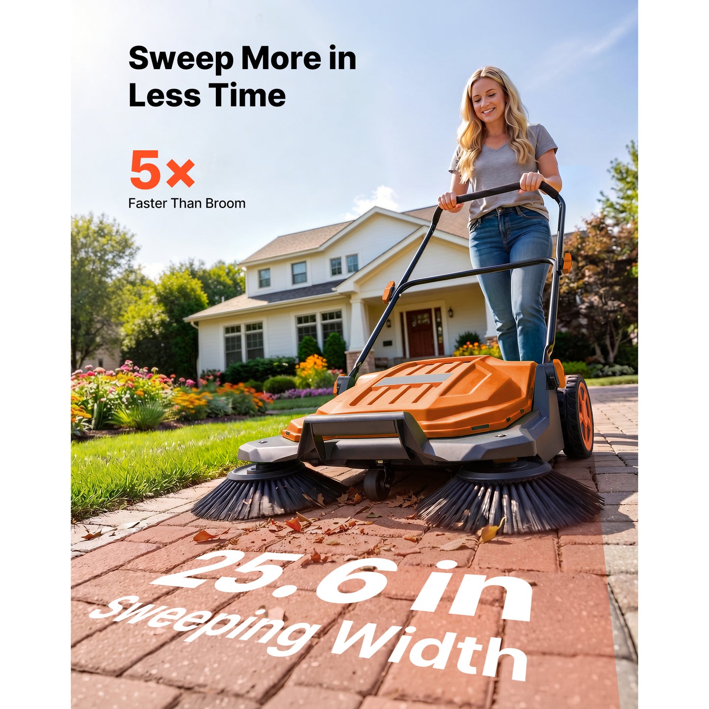 Walk-Behind Hand Push Floor Sweeper - Manual, 25.6-Inch Width, 5-Gallon Waste Bin, Adjustable Folding Handle for Yards & Garages