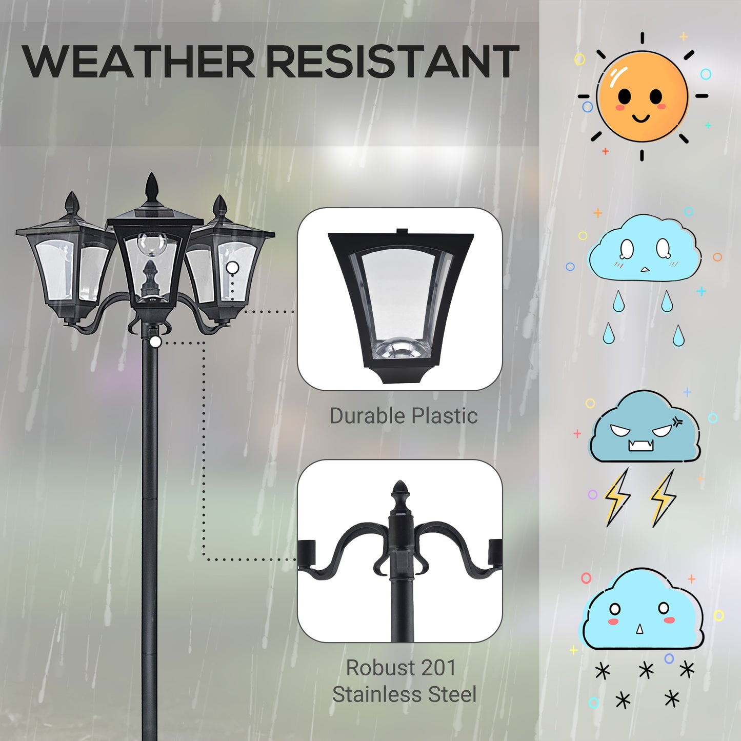 Solar Powered Outdoor Lamp Post Light - Triple Head, 72 Inches