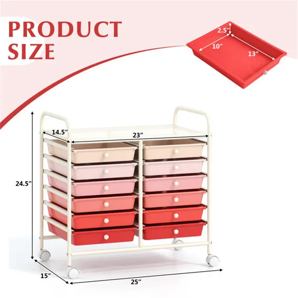 12-Drawer Rolling Storage Cart - 2-Row 10-Storey, Multicolor Drawers,