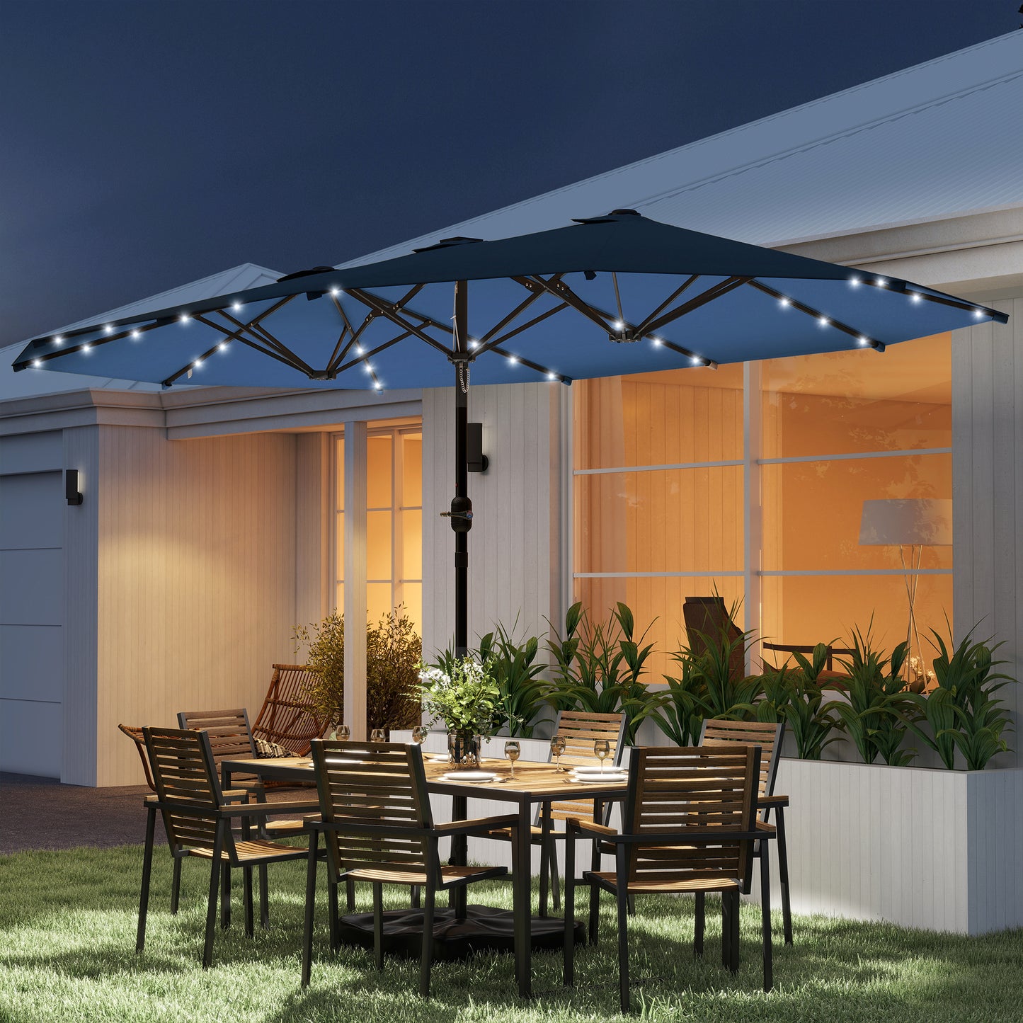 14.4ft Double-Sided Garden Parasol with Solar LED Lights - Navy Blue