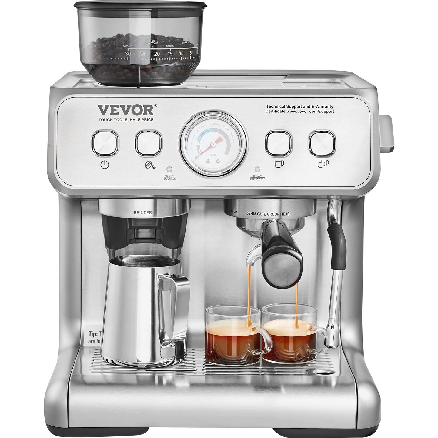 Semi-Automatic Espresso Machine with Grinder & Milk Frother - 15 Bar, PID Control