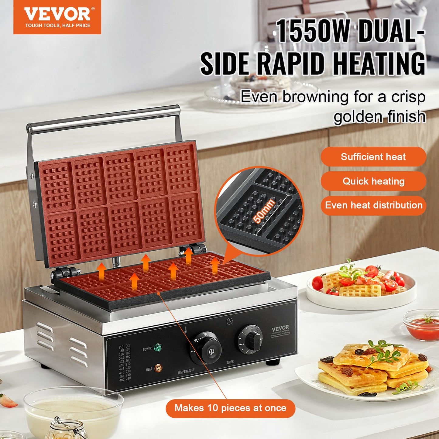 Commercial Rectangle Waffle Maker Machine 1550W - 10 Waffles, Non-Stick