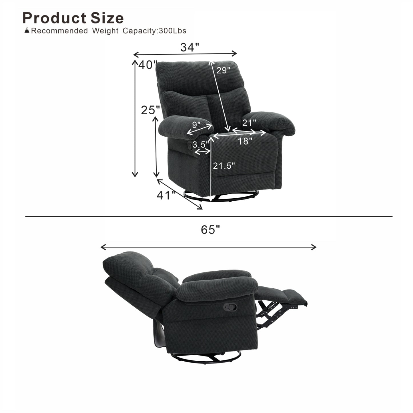 Modern Swivel Rocker Recliner Chair - Dark Gray Fabric Armchair