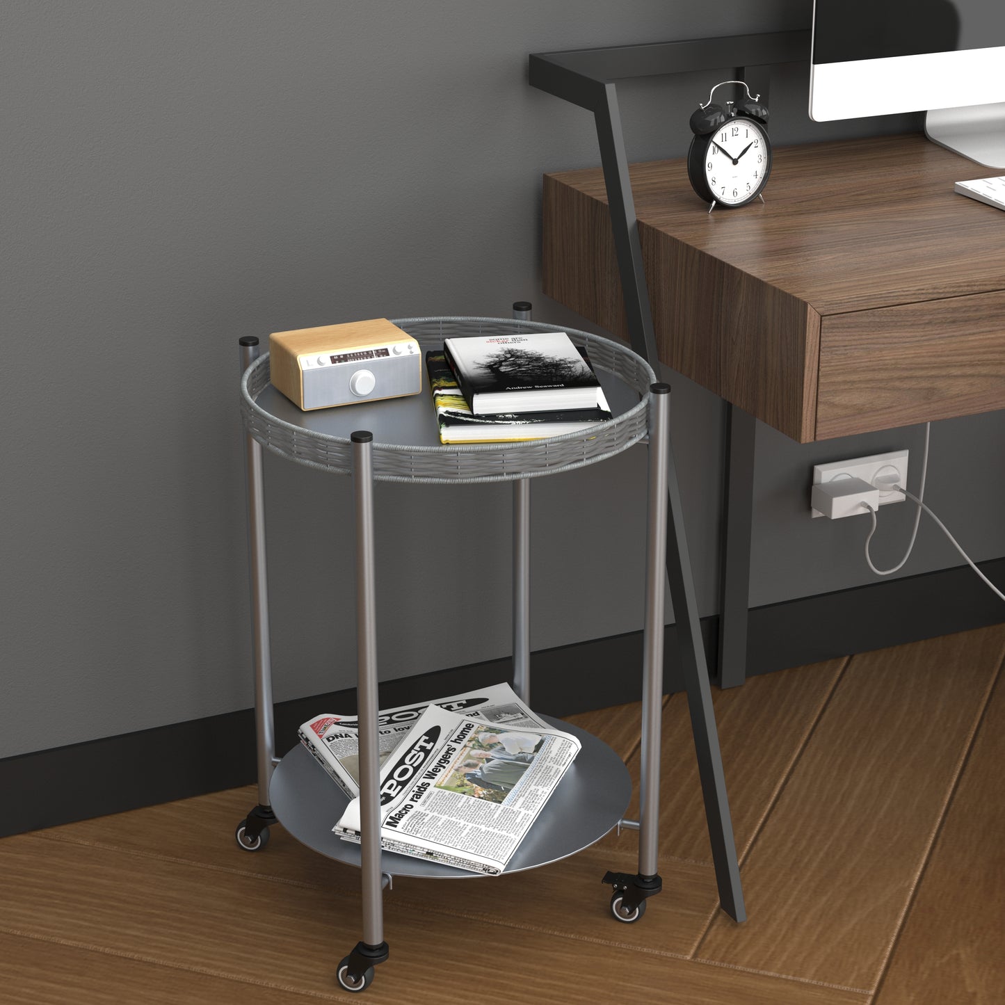 Round Coffee Table with Wheels - 2-Tier Movable Side Table
