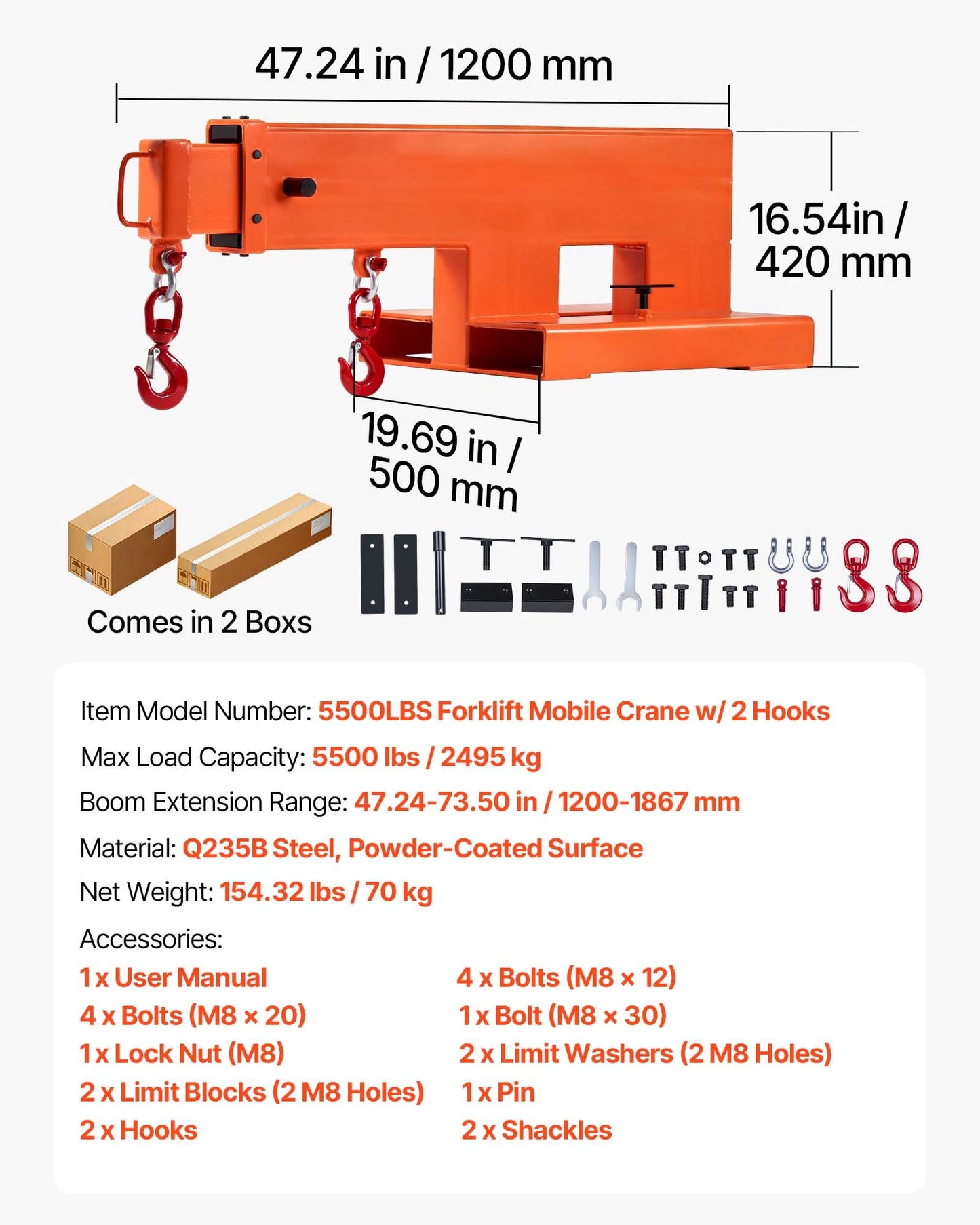 Heavy Duty Forklift Jib Crane 5500 lbs Capacity Telescopic Boom with Hooks