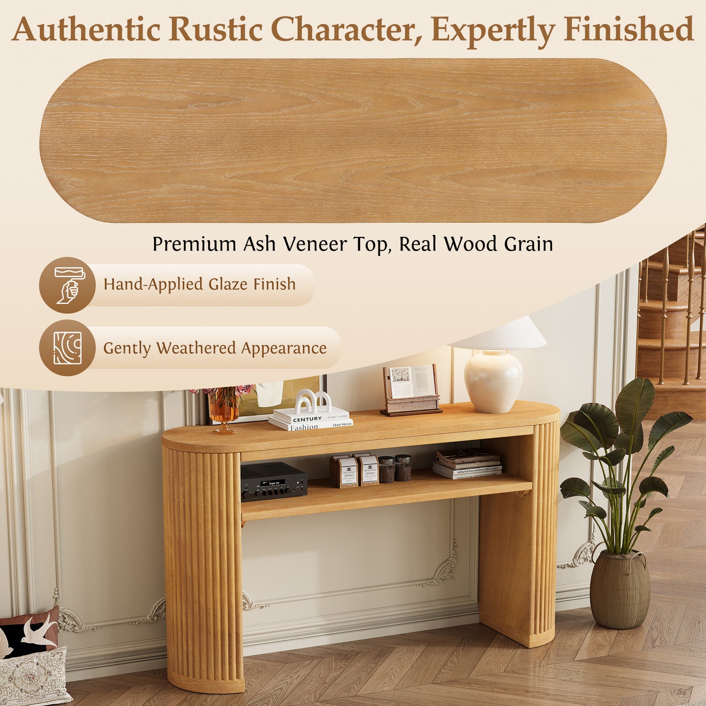 Rustic Console Table with Fluted Legs - Farmhouse Oval Accent Table