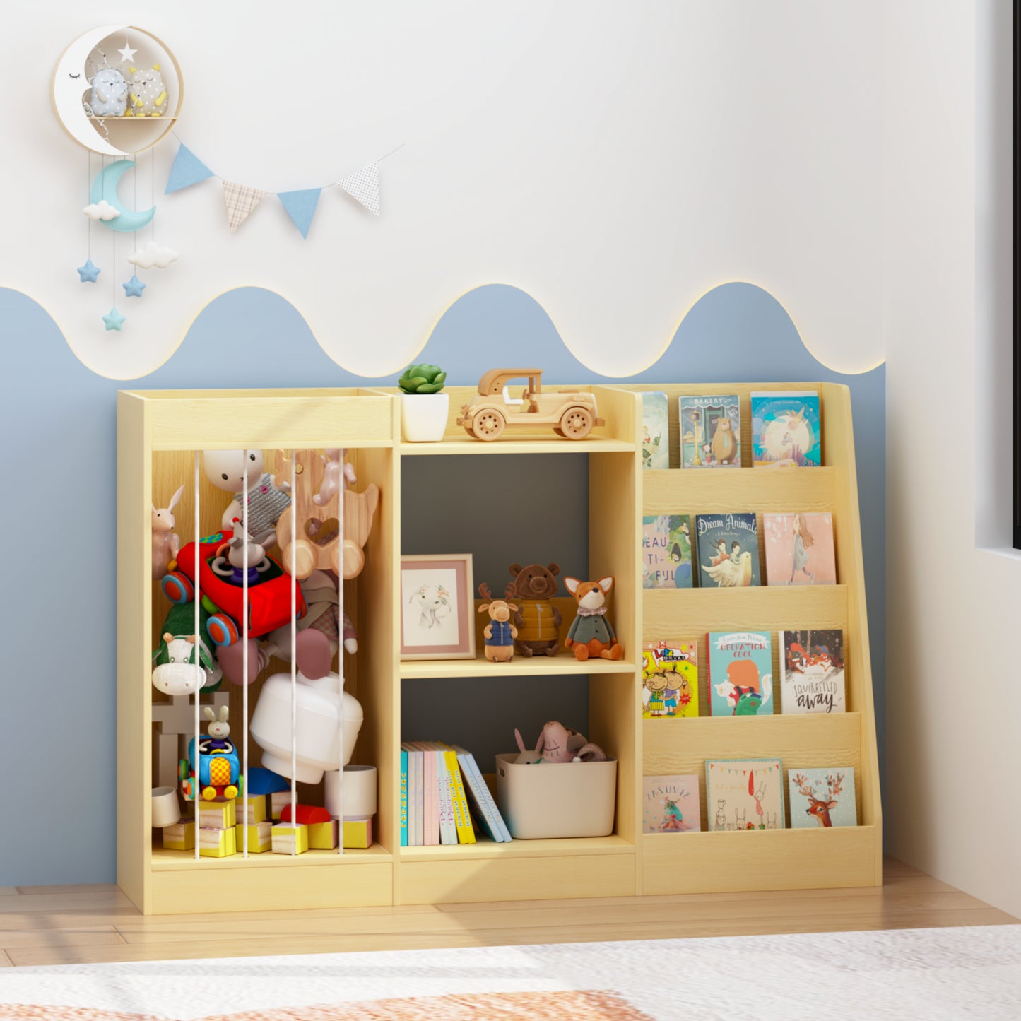 3-in-1 Kids Bookshelf and Toy Storage - Natural