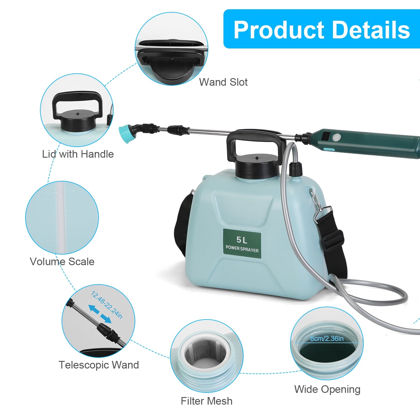 Portable 5L Battery Water Sprayer Garden Tool with 3 Nozzles & Telescopic Wand