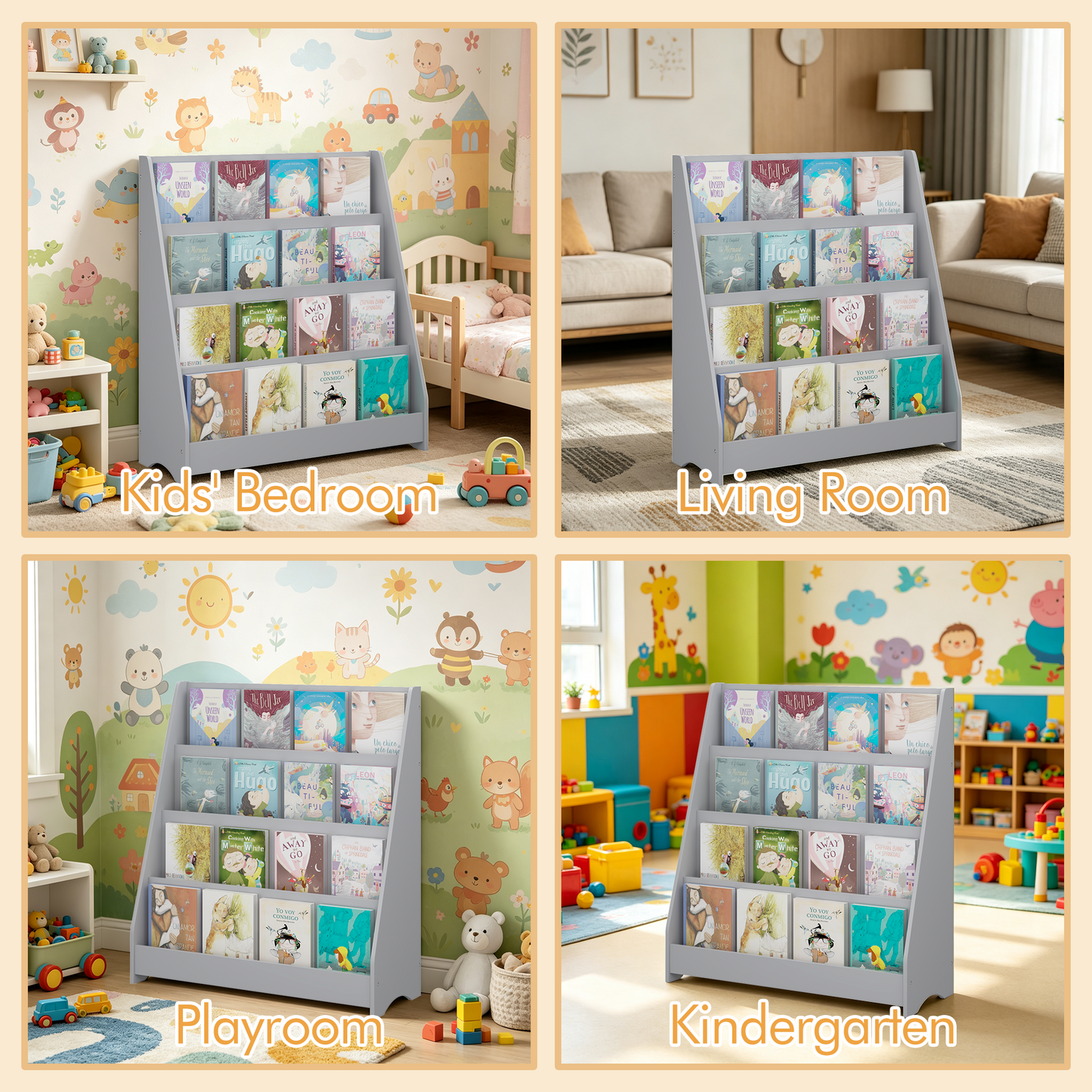 4-Tier Kids Bookshelf - Gray MDF Book Display for Bedrooms & Playrooms