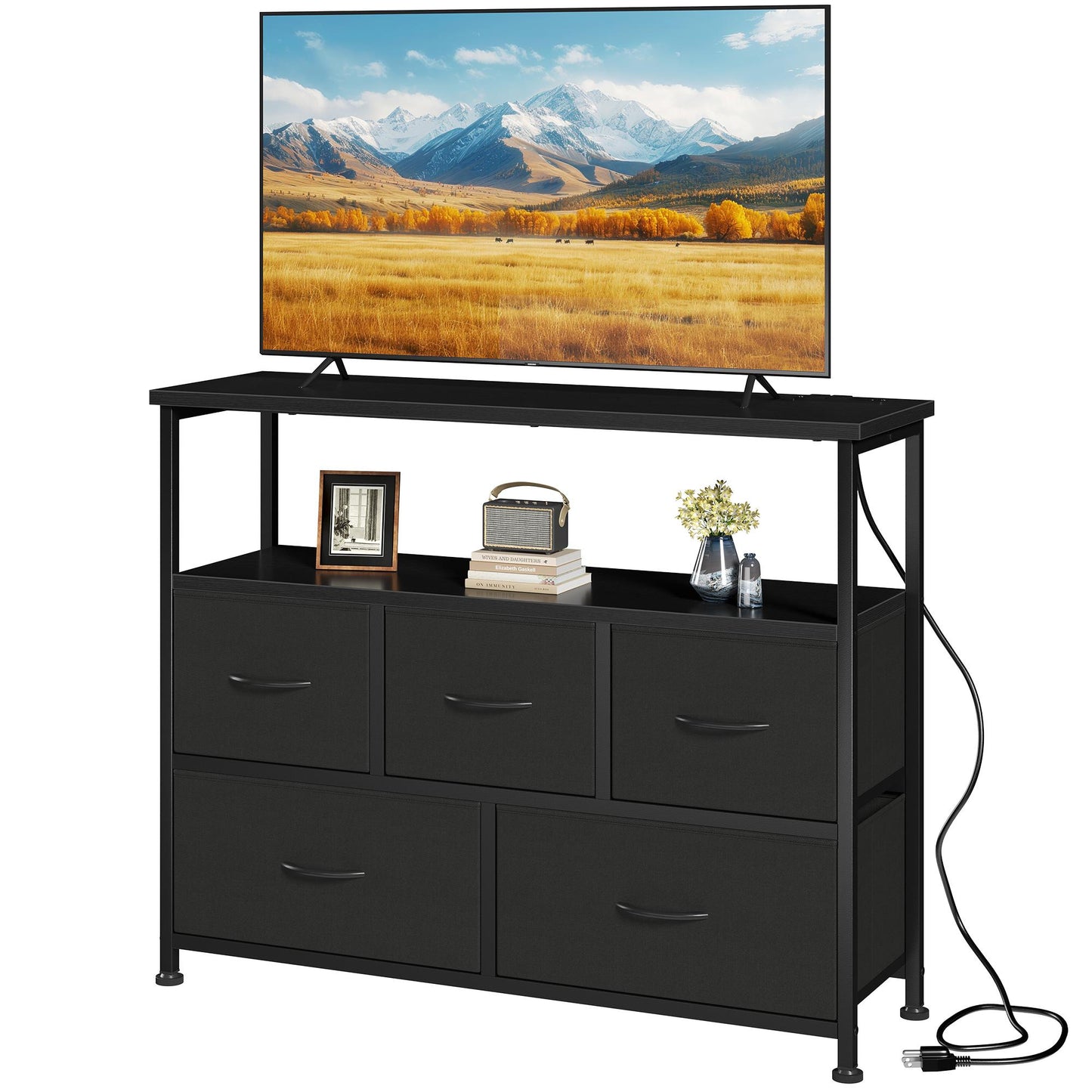 Media Storage Cabinet with 5 Fabric Drawers and Charging Station
