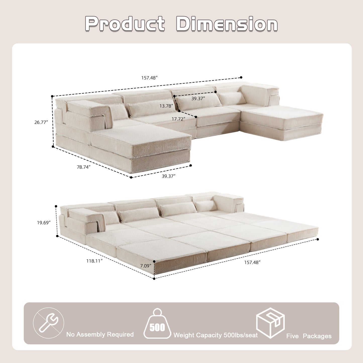 Oversized 4-Seater Modular Floor Sofa Bed with 2 Ottomans - White