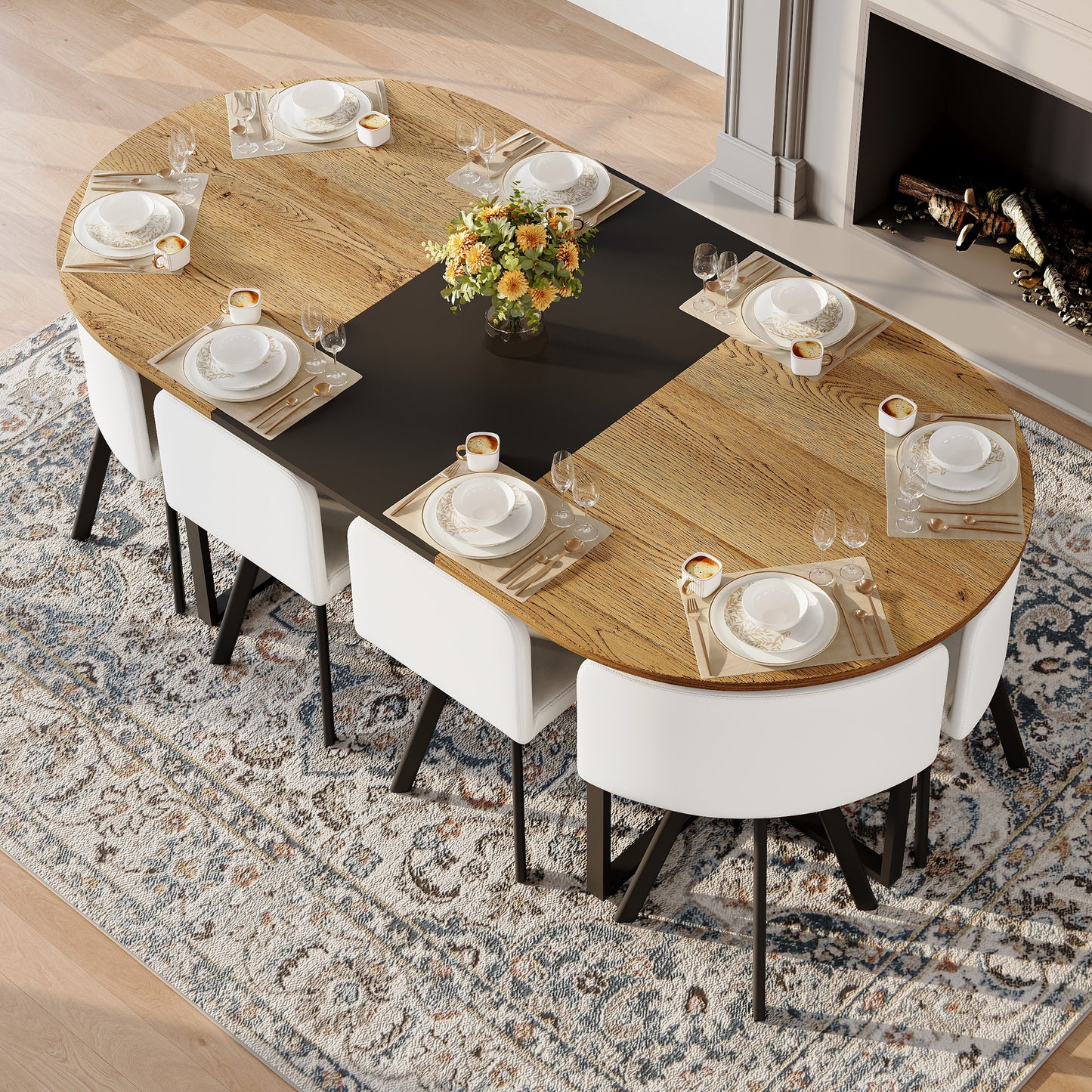9-Piece Oval Dining Table Set with 8 White PU Leather Chairs