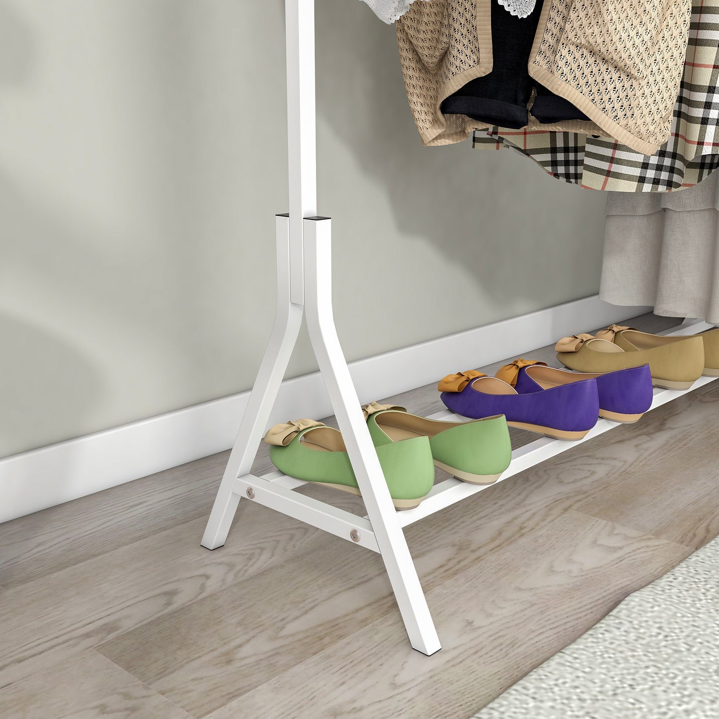 Freestanding White Garment Rack - Multi-Functional Clothing Hanger