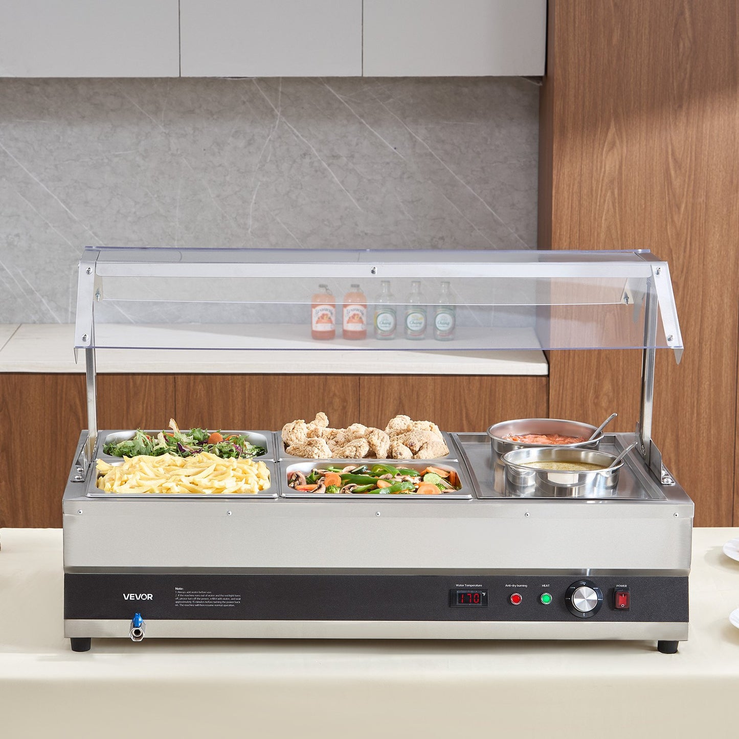 Commercial Soup Warmer Station with Cover - 2 Pots & 4 Pans, Silver