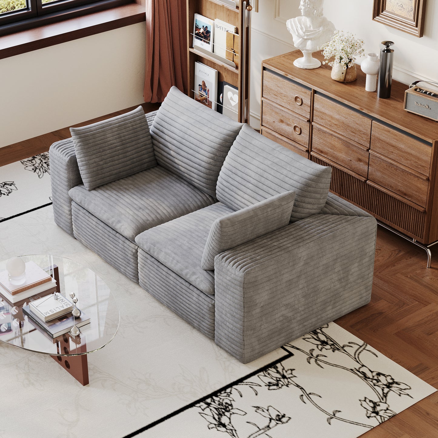 71" Cloud Sofa - Grey Corduroy Fabric, Deep Seat, Removable Cushion