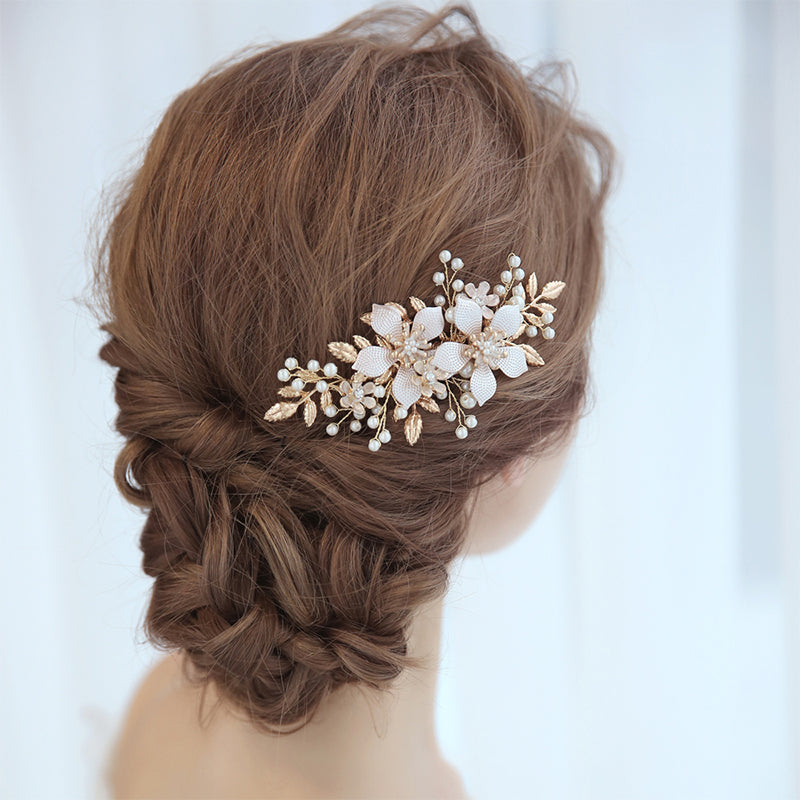 Flower Pearl Wedding Headdress - Gold