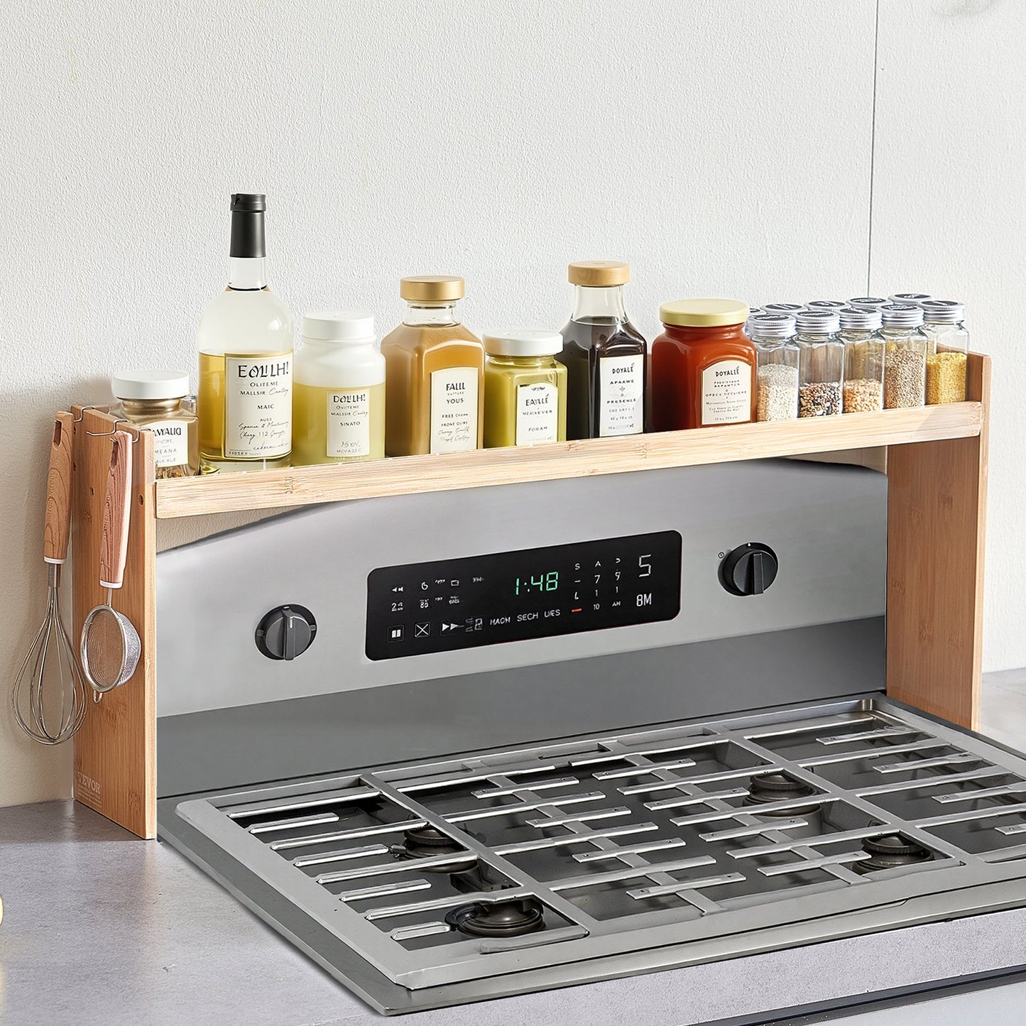 Over The Stove Spice Rack Organizer - Bamboo Shelf with 6 Hooks