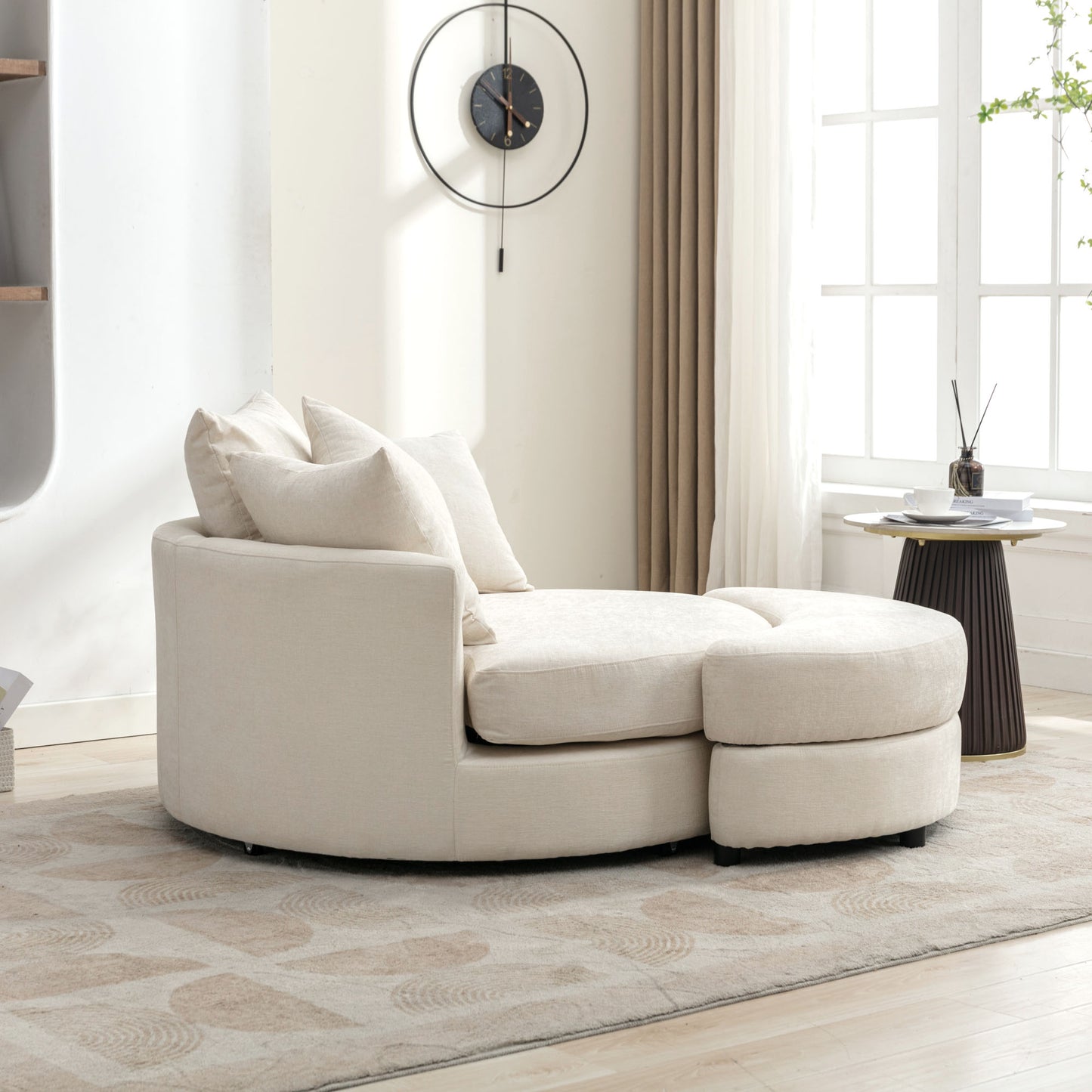 360° Swivel Accent Barrel Chair with Storage Ottoman & 4 Pillows - Cream