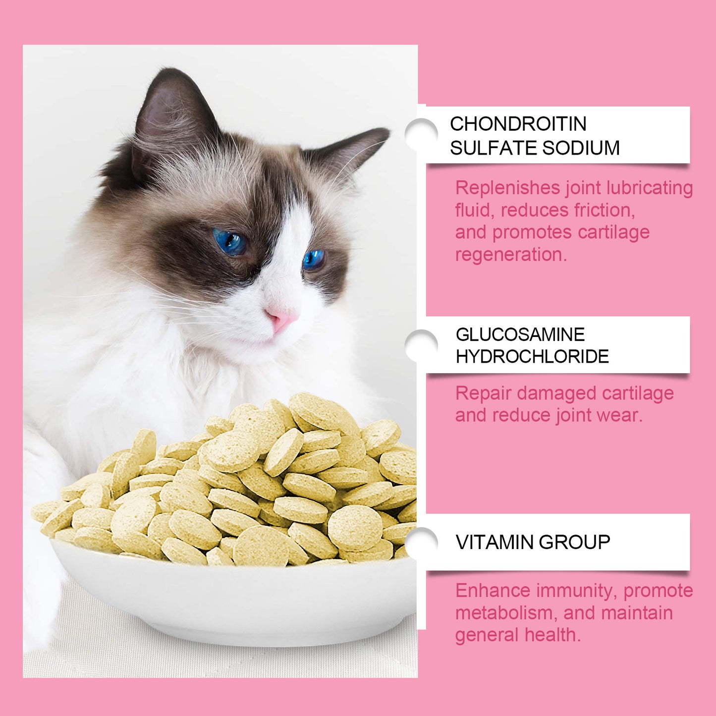 Cat Joint Support Tablets with Glucosamine - Chewable Feline Supplement for All Breeds, 80 Count