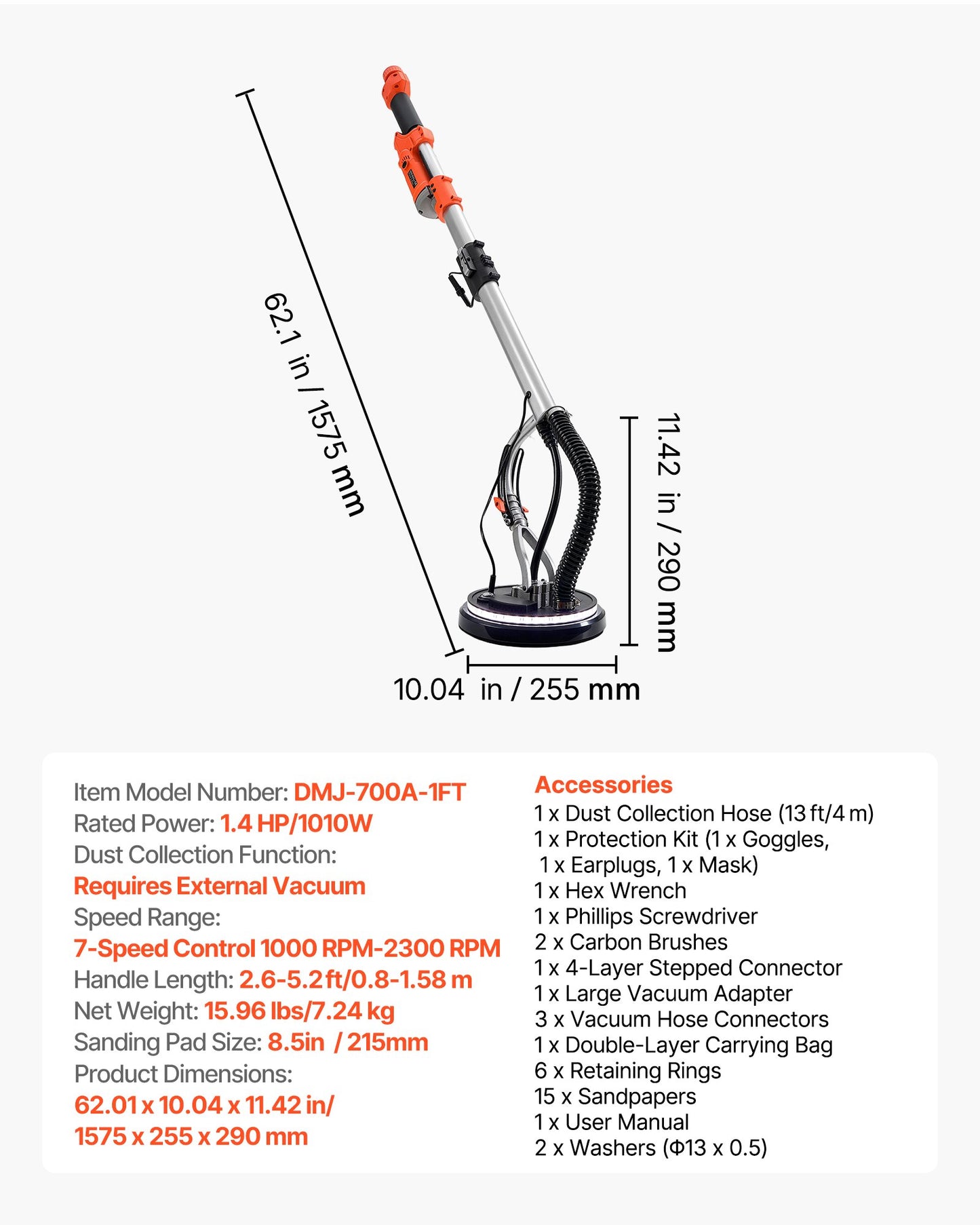 Electric Drywall Sander 1010W with Variable Speed & LED Light - Popcorn Ceiling Removal Tool
