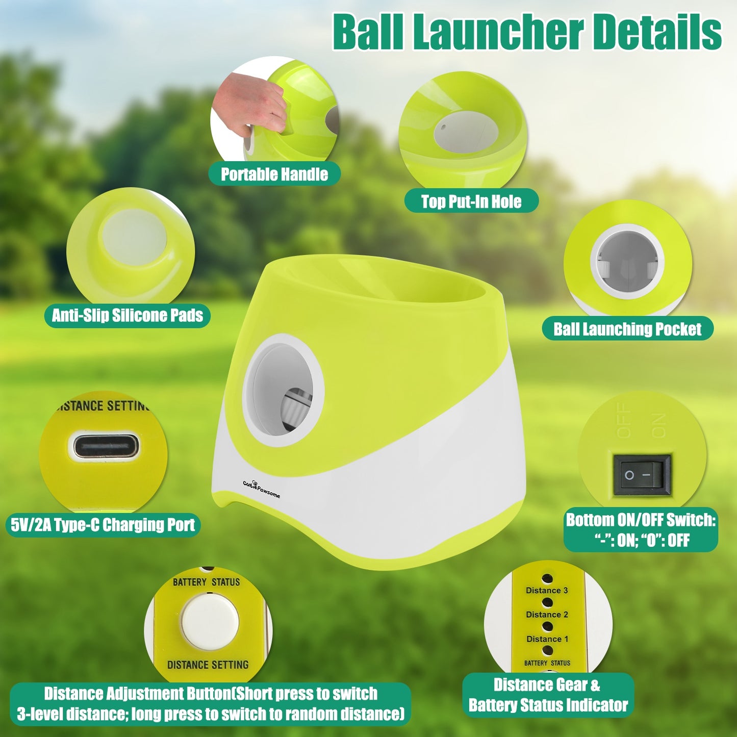 Automatic Dog Ball Launcher with Rechargeable Battery and Adjustable Distance - 6pcs 2.3in Balls