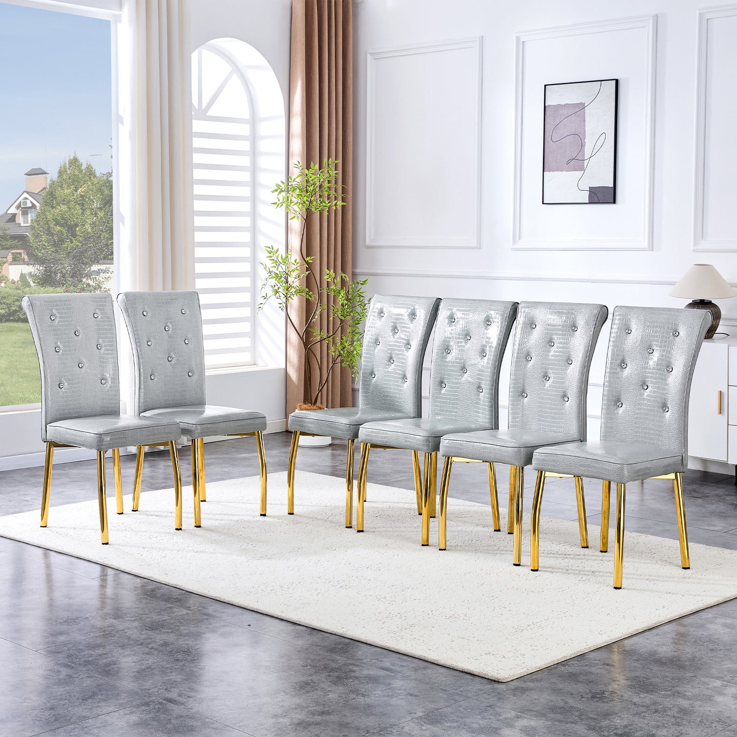 Set of 4 Gray and Gold Vintage Cushioned Dining Chairs - Elegant Design