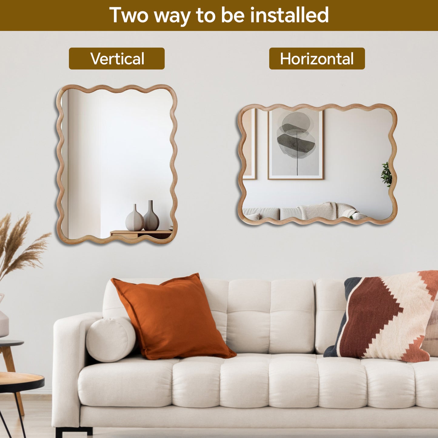 Natural Wood 30x40 Wavy Rectangle Decorative Mirror - Art Deco Style