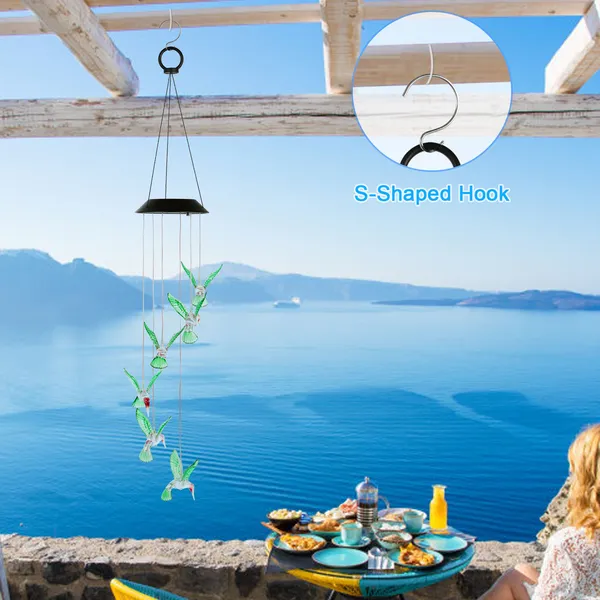 Solar Hummingbird Wind Chime String Lights - Color Changing, Waterproof Garden Decor