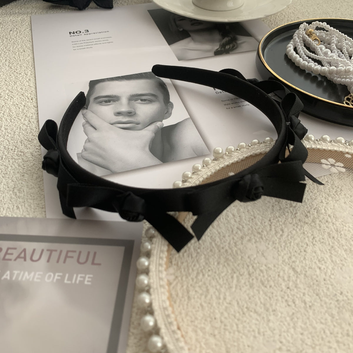 Black Rhinestone Hair Hoop - Exaggerated Wooden Ear Headdress for Hair Styling