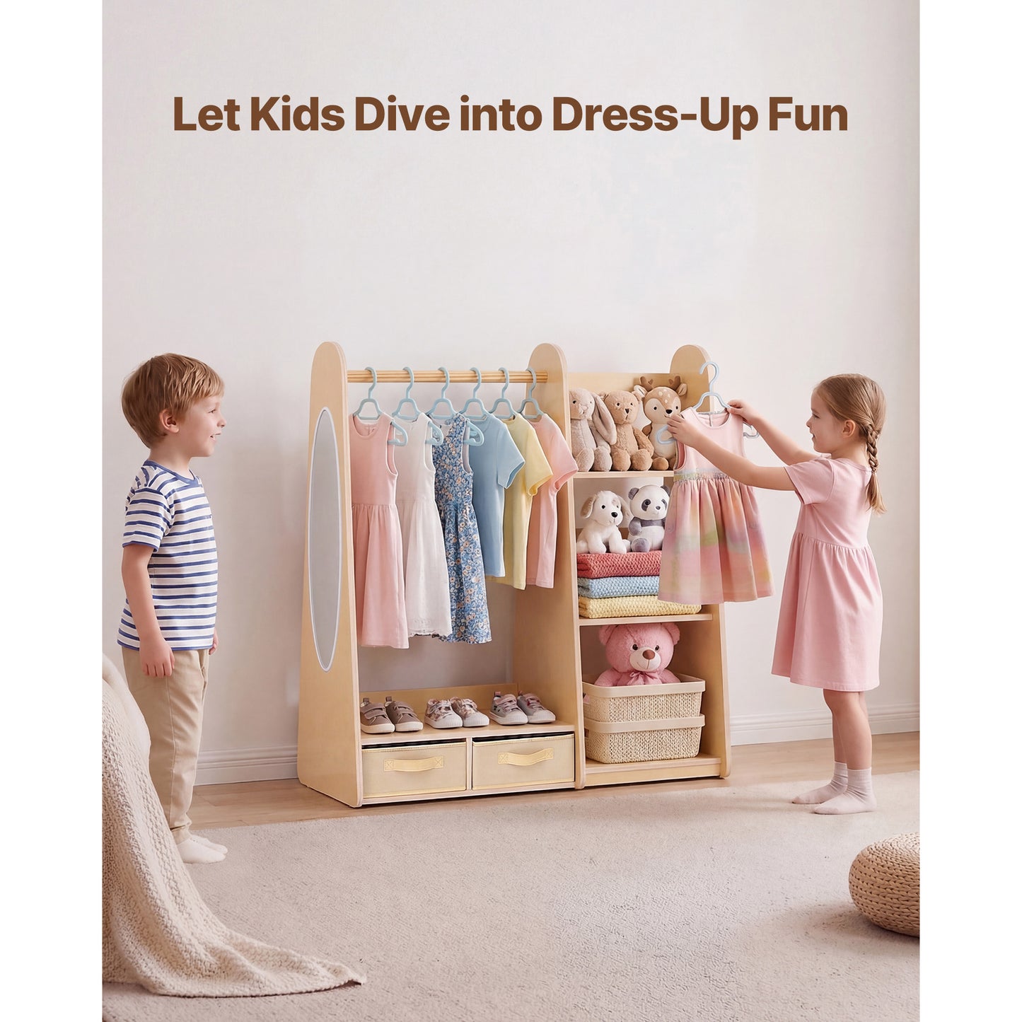 Kids Dress Up Storage Closet with Mirror and Shelves - Toddler Wardrobe Organizer