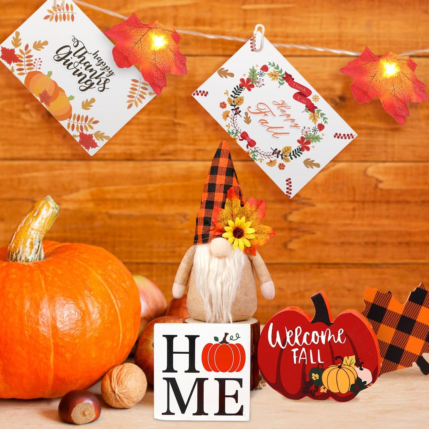 Fall Gnome Tiered Tray Decorations Set with LED Maple Leaf Lights