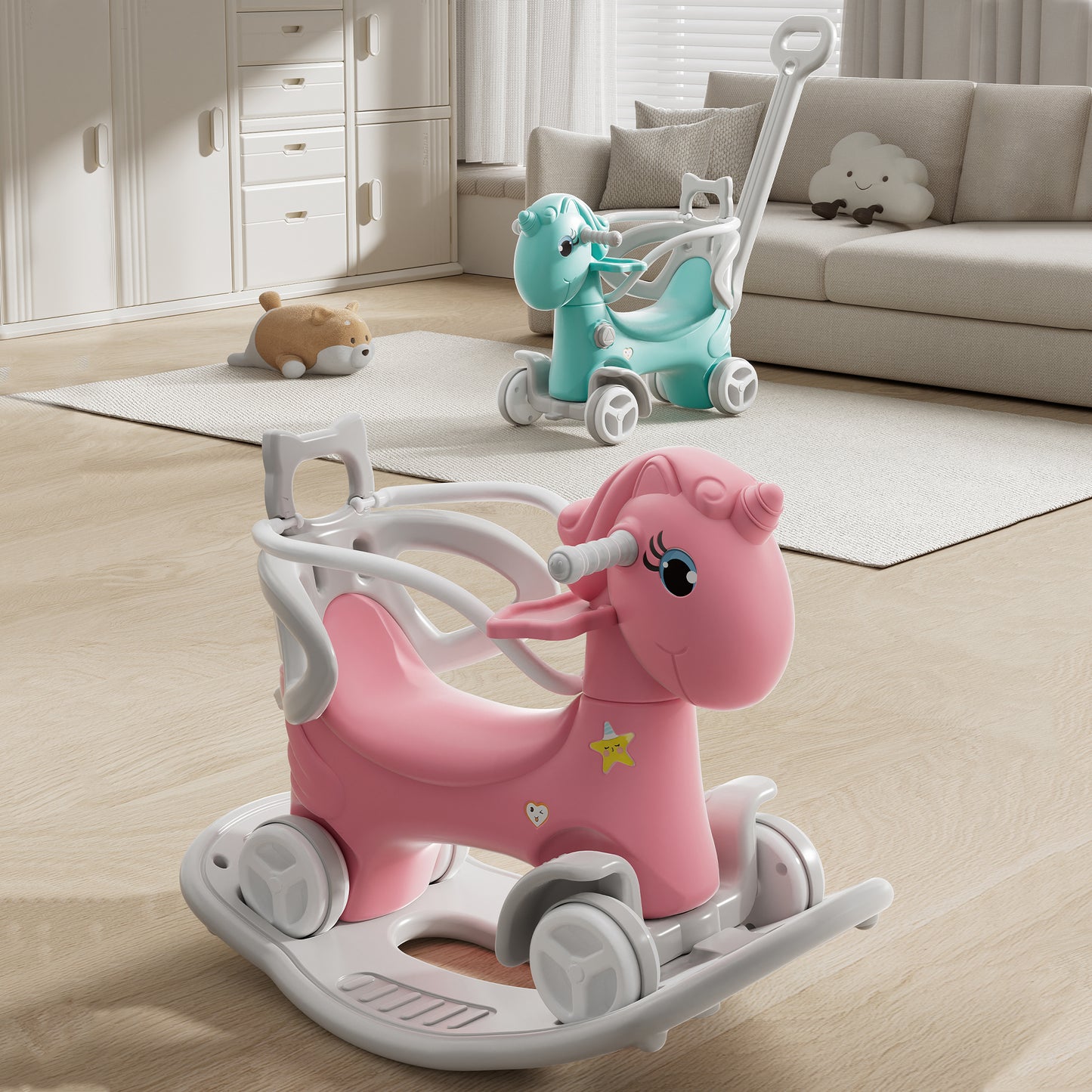 Unicorn Rocking Horse for Toddlers - Pink Balance Bike with Push Handle