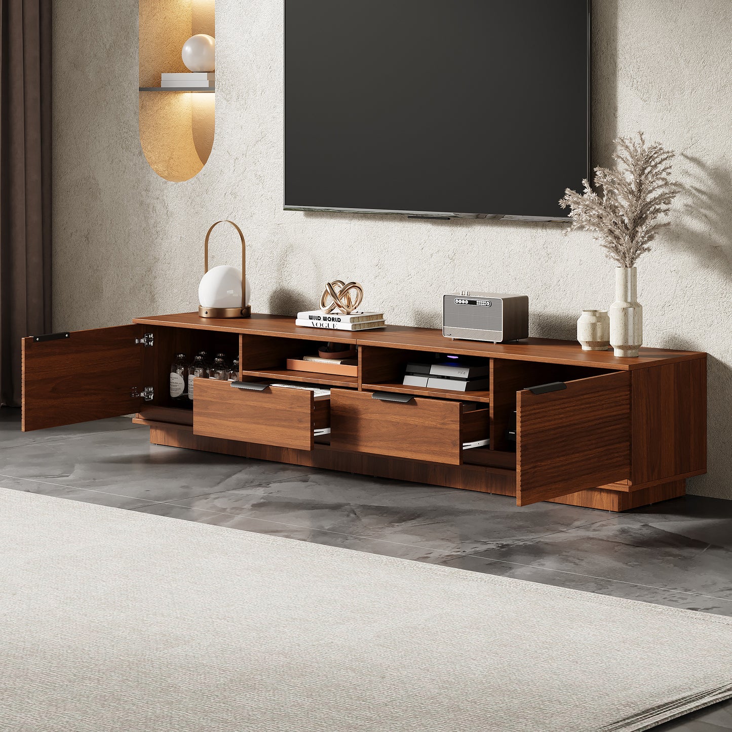 78 Inch Modern TV Stand for 85 Inch TVs - Walnut Finish