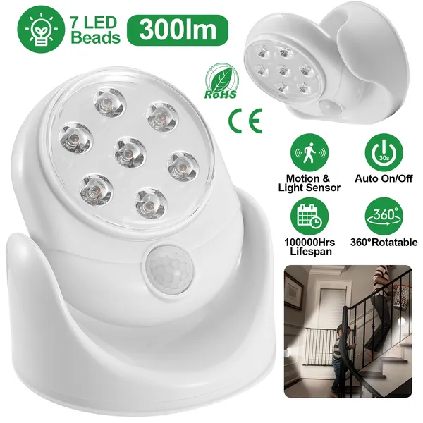 Wireless LED Motion Sensor Spotlight - 90° Adjustable Night Lamp, Battery Powered