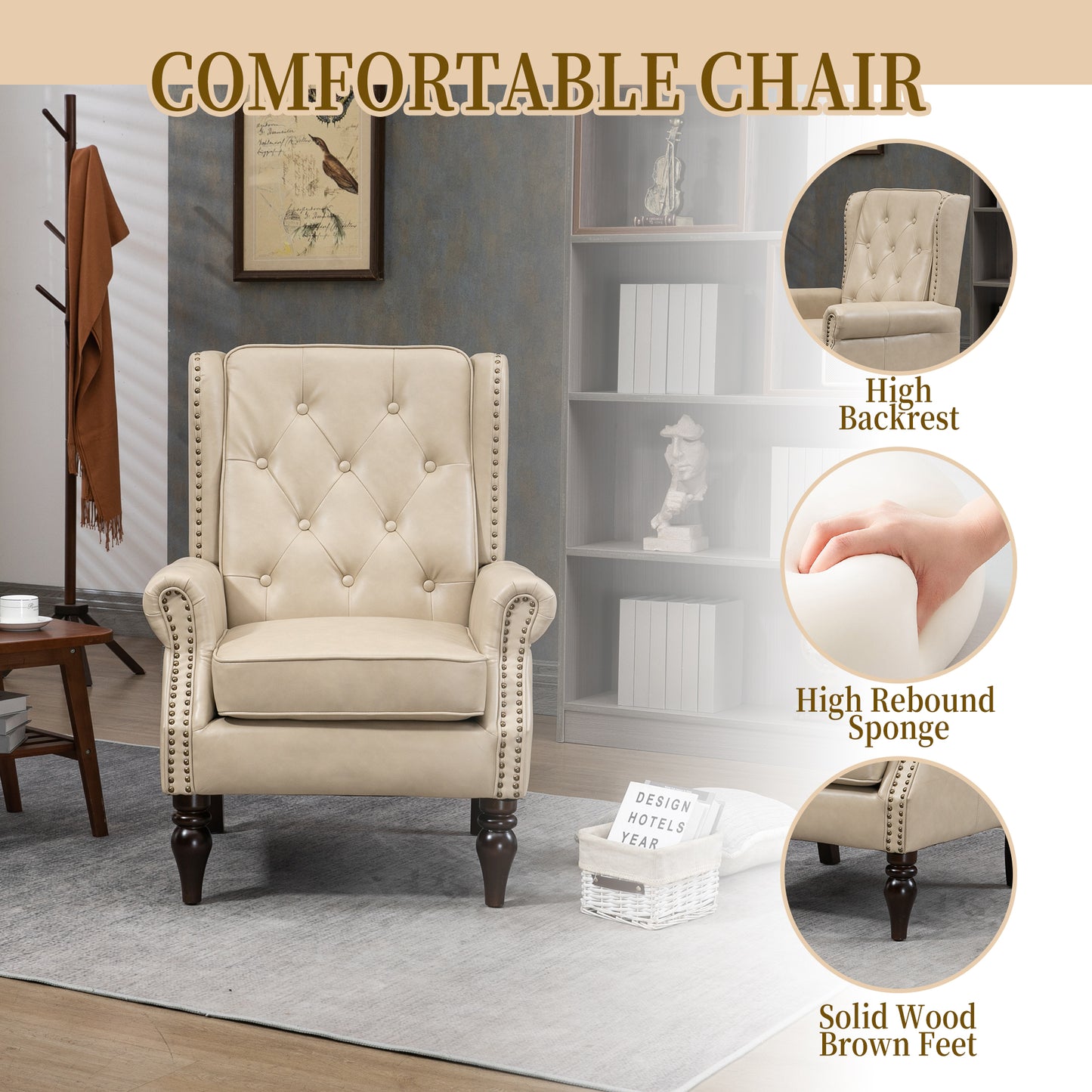 Modern Wood Frame Armchair - Camel PU Accent Chair