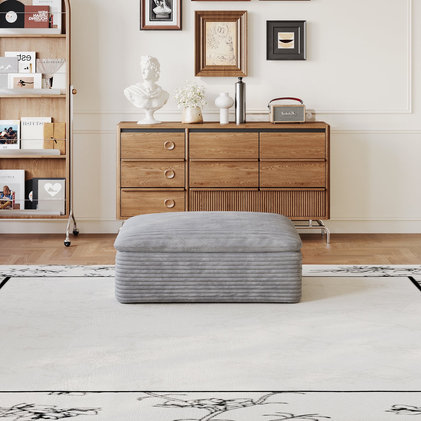 Grey Fabric Ottoman - Versatile Living Room Seating