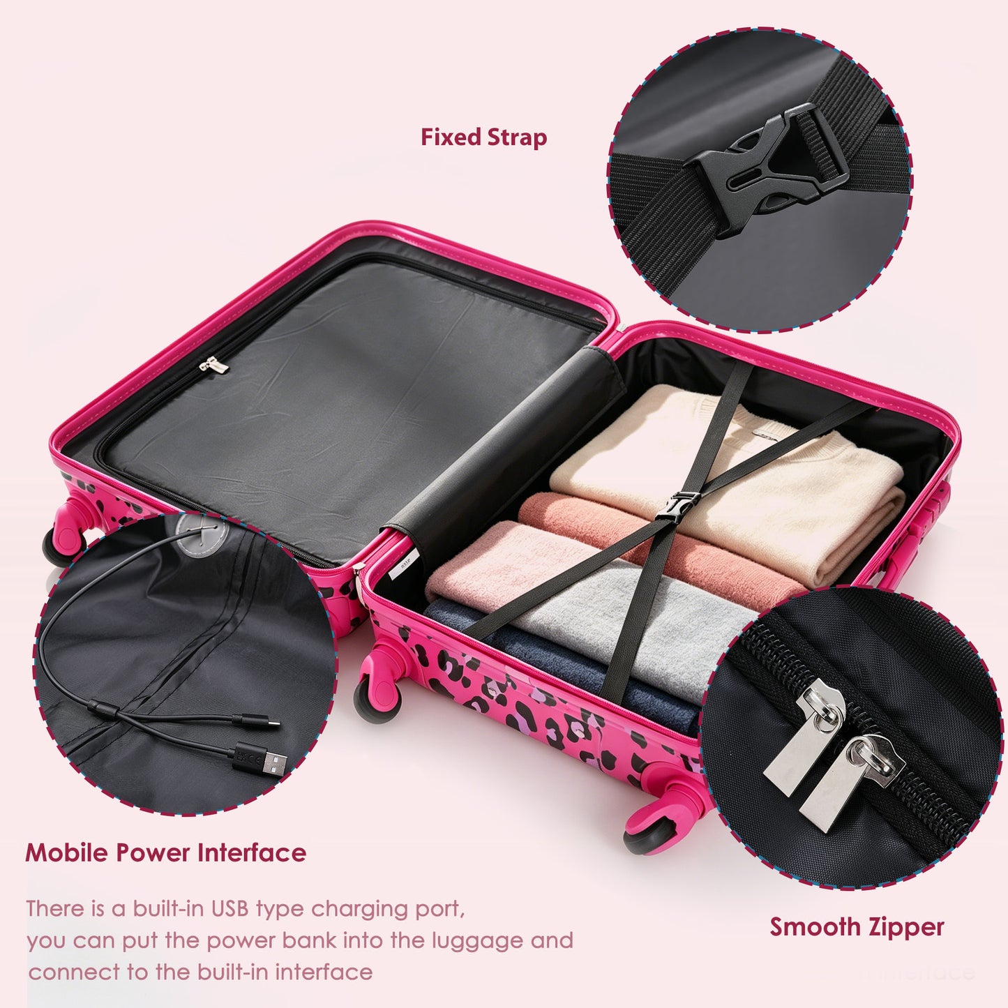20-Inch Carry-On Luggage Set with USB Port - Fuchsia Leopard Print