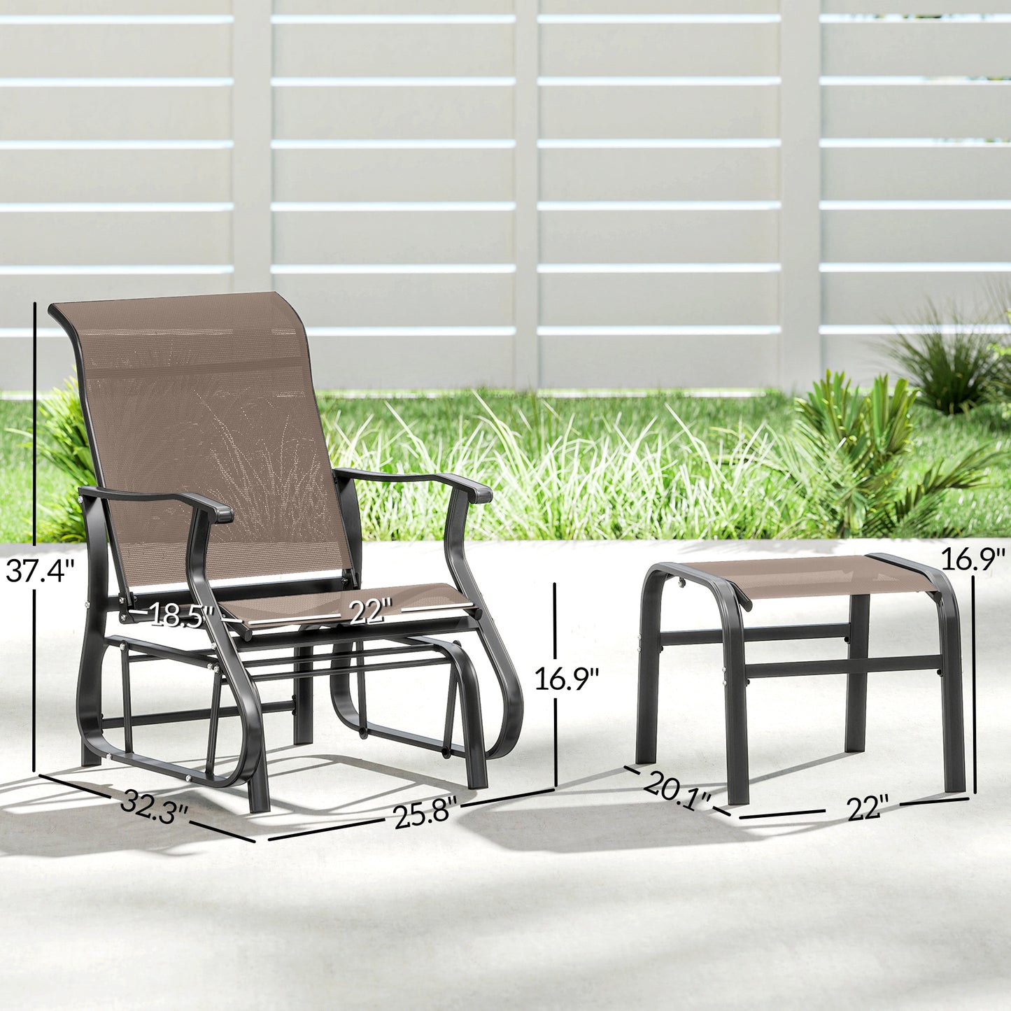 Outdoor Glider Chair Set with Ottoman - Brown