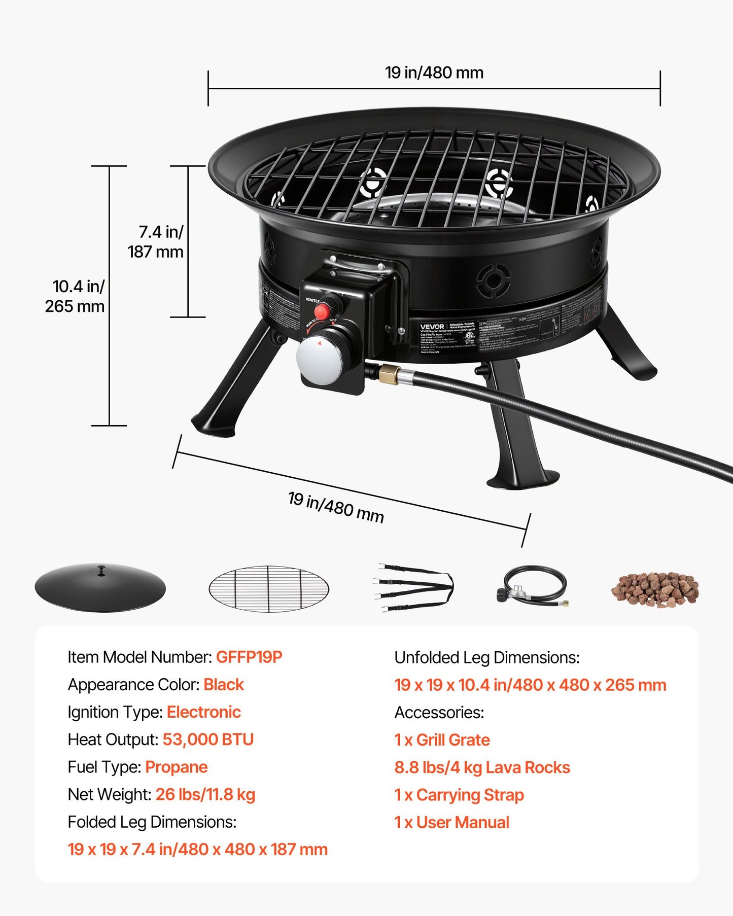 Portable Propane Fire Pit 19-Inch 53,000 BTU with Grill Grate & Lava Rocks