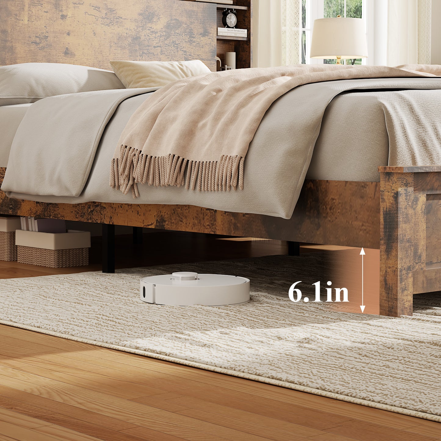Full Wooden Platform Bed Frame with Bookcase Headboard & LED