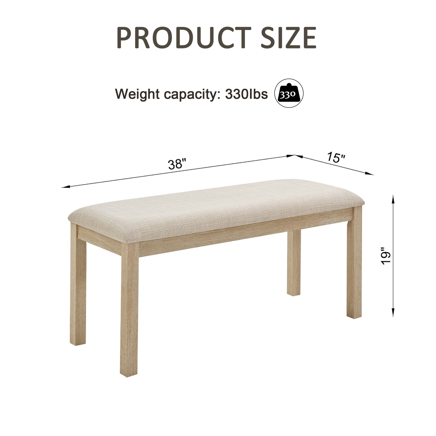 38-Inch Upholstered Dining Bench with Solid Wood Legs - Light Oak & Beige