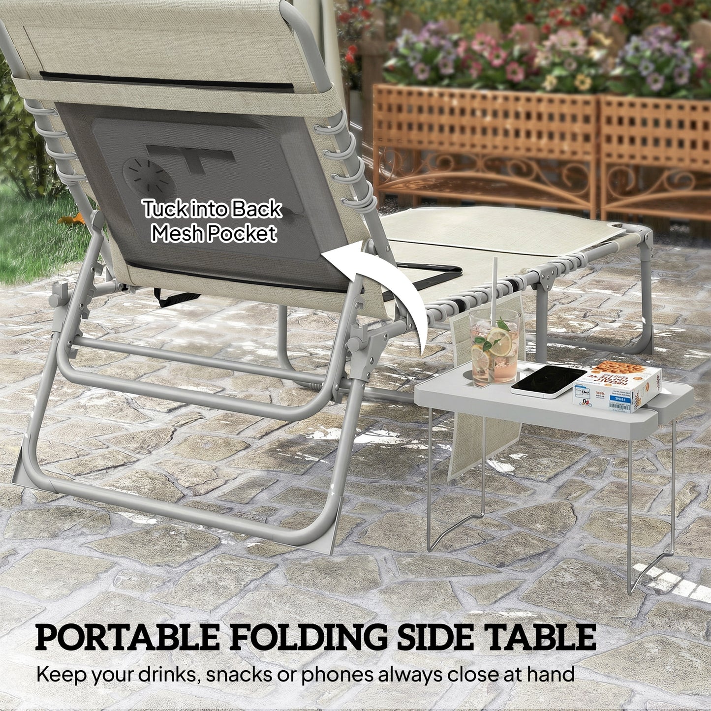 5-Position Folding Chaise Lounge Chair with Face Hole & Side Table - Beige