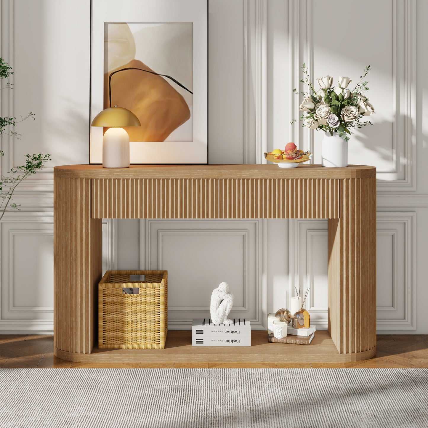 Oval Fluted Console Table with 2 Drawers & Bottom Shelf - Natural