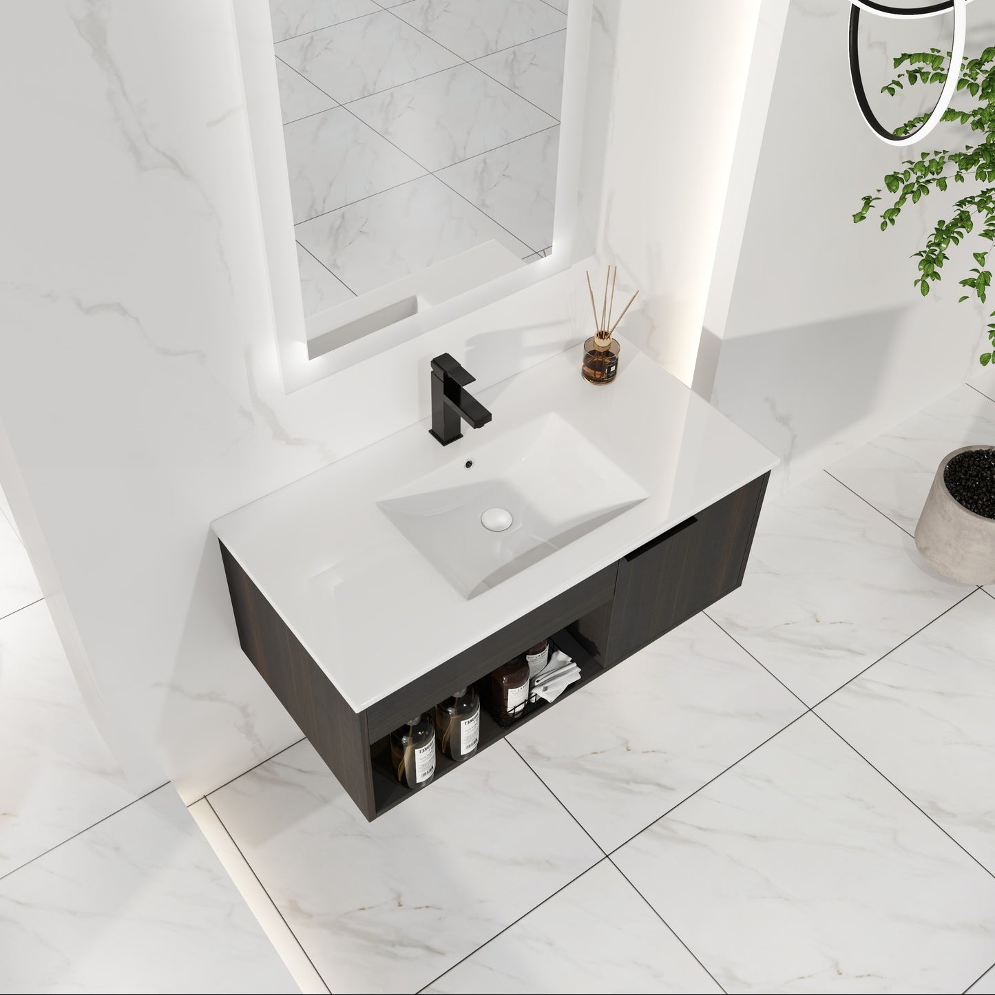 36" Wall-Mounted Bathroom Vanity with Ceramic Sink - Dark Oak