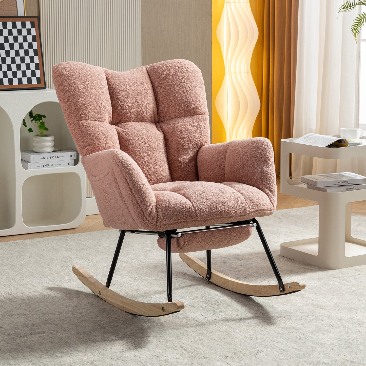 Pink Teddy Fabric Rocking Chair with Adjustable Footstool