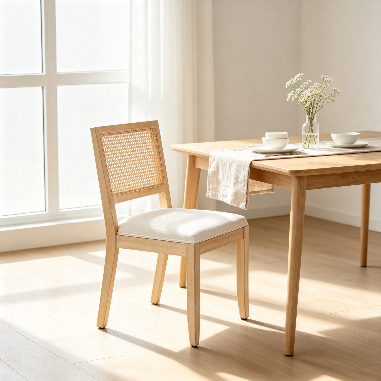 Set of 2 Mid Century Modern Rattan Dining Chairs - Beige