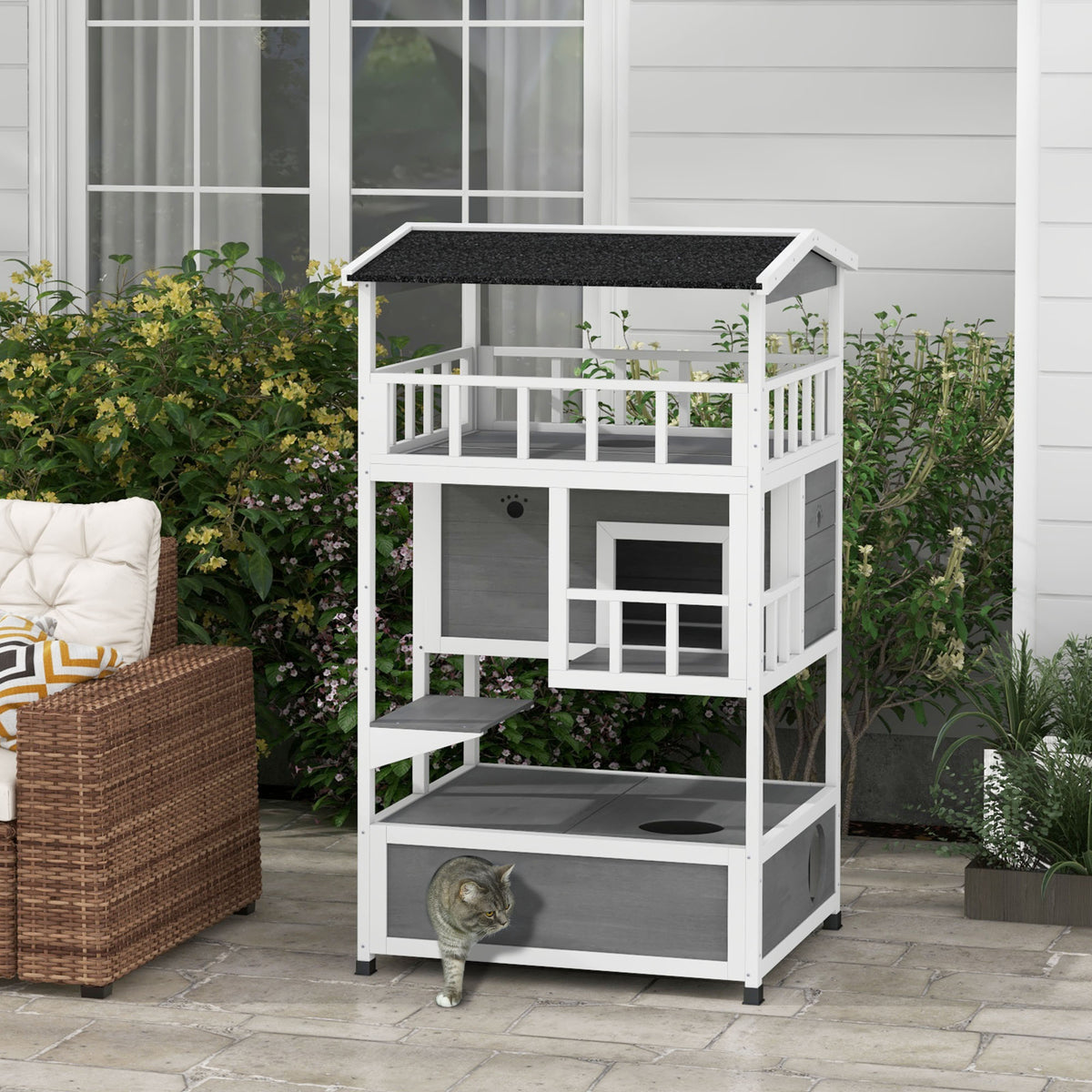 Outdoor Wooden Cat House with Asphalt Roof, Escape Doors & Jumping Platform