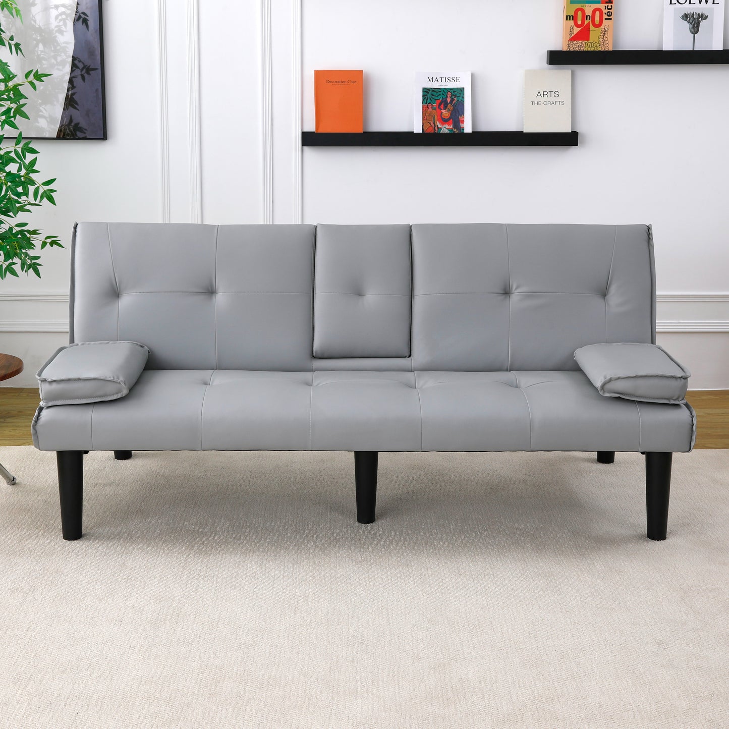 67-Inch Light Gray PVC Sofa Bed with Foldable Design & Cup Holder