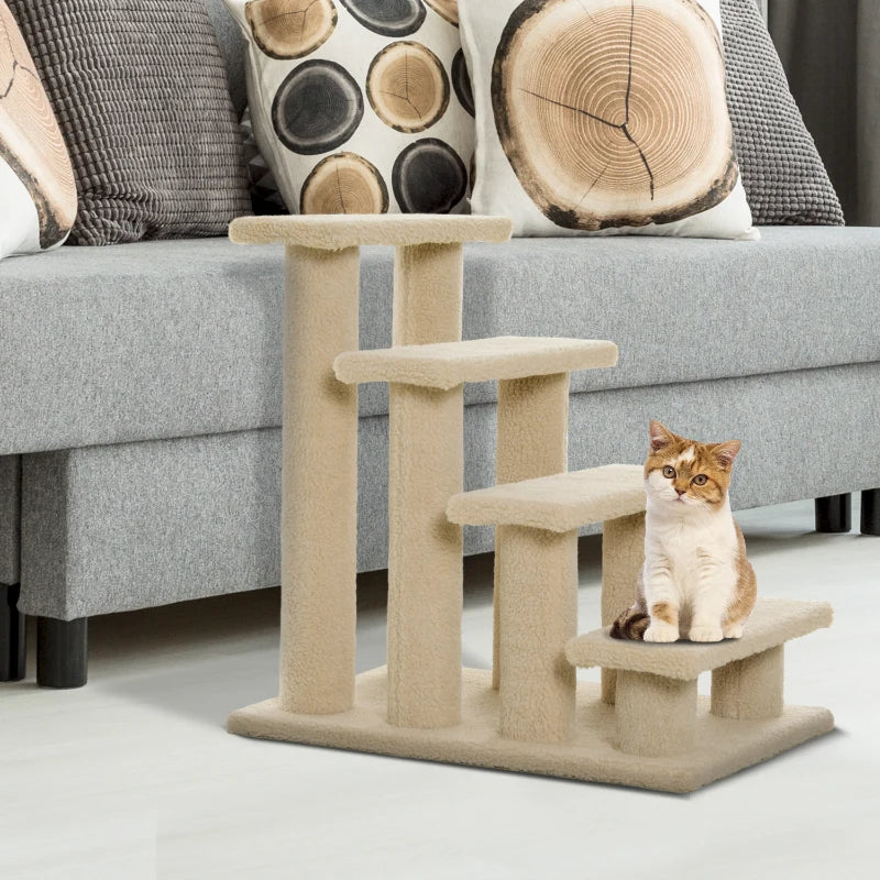Multi-Level Carpeted Cat Scratching Post with Stairs - Cream White