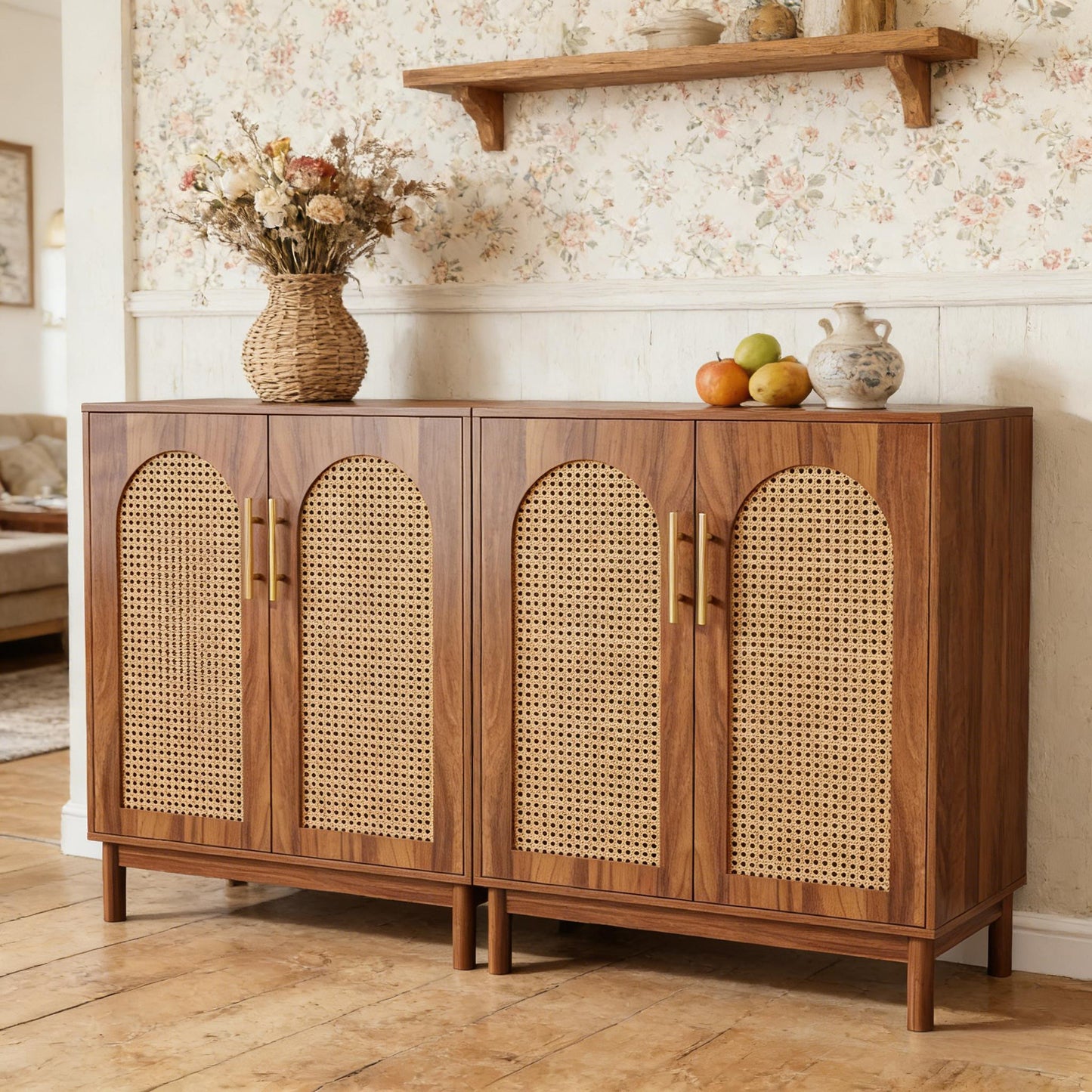 Modern Storage Cabinet - Rattan Sideboard Buffet in Light Brown